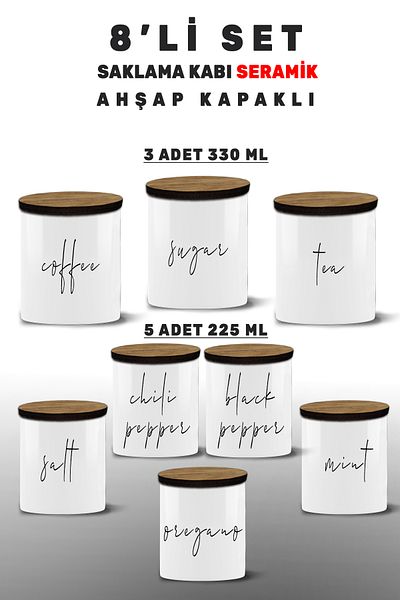 yeditepe hayat Salt-Black Pepper-Pul Pepper-Tea-Sugar-Coffee-Spice Set-Mint-Thyme 8 Pieces Storage Container - 8Mdl5