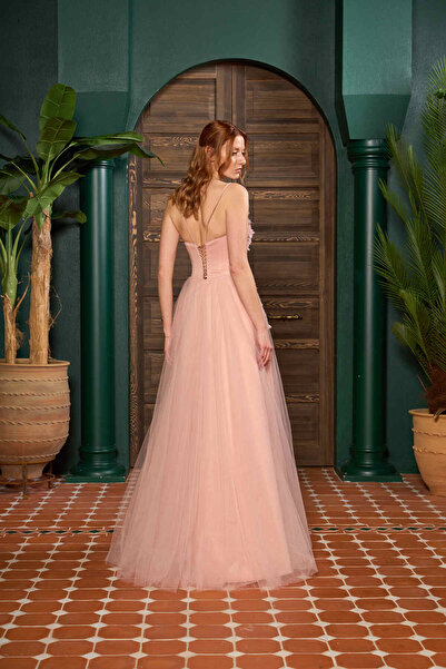 Lenta Moda Pudra Simli Ve Üç Boyutlu Dantel Detaylı Maxi Boy  Abiye Ve Gece Elbisesi