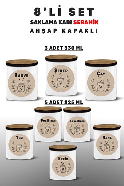 yeditepe hayat 8 Pieces of Aggressor: Salt-Black Pepper-Pickles Pepper-Tea-Sugar-Coffee-Spice Set-Mint-Thyme