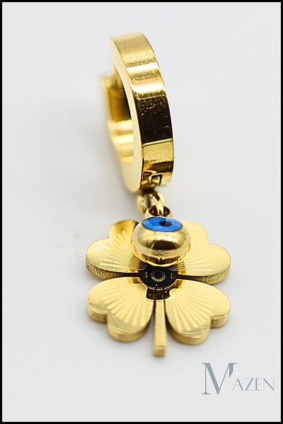 MAZEN Gold Steel Clover Earrings with Evil Eye Beads - Dangle, Allergy & Tarnish Free
