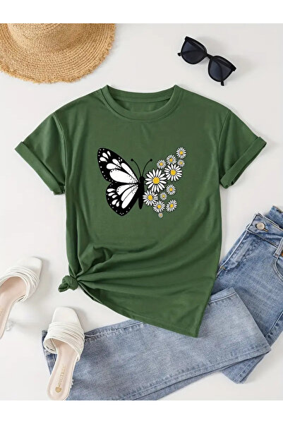 l'eivor تي شيرت قطني نسائي بطبعة الفراشة والأقحوان