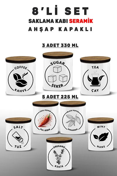 yeditepe hayat 8 Pieces Storage Container Salt-Pepper-Spice-Sugar-Coffee-Tunax-Mint-Tea