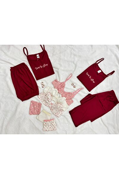 İNKO İÇ GİYİM 10 Multi-Colored Pajamas Kit Cotton Patterned Bra Thong Dowry Set