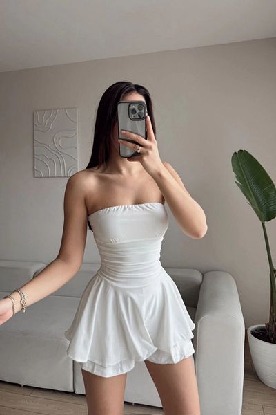 MOZENA Strapless Skirt Flounce Mini Short Dress