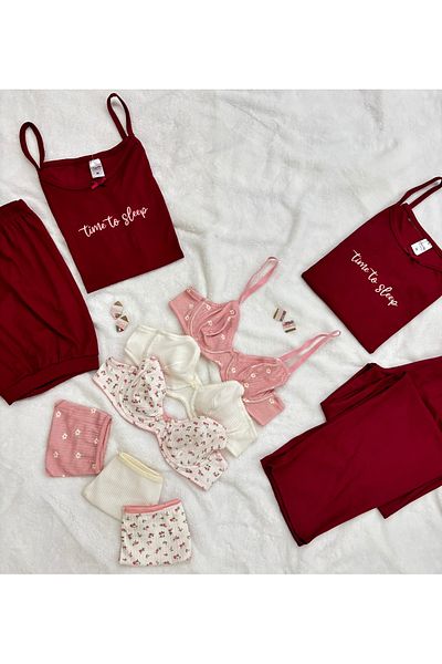 İNKO İÇ GİYİM 10 Multi-Colored Pajamas Kit Cotton Patterned Bra Thong Dowry Set