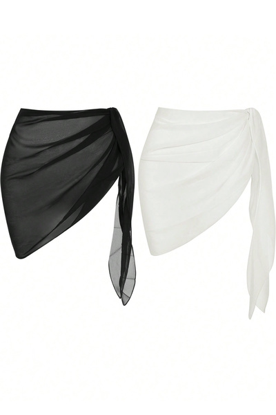 LUMİART Women's Black and White Transparent Waist Tie Pareo 2-Piece