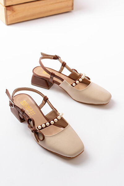 FOLLOWIN Women's Cream-Tan Open Back Square Toe Short Heel Bow Detailed Pearl Heeled Shoes