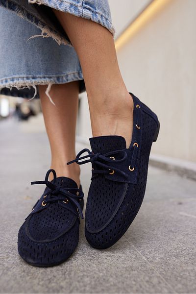 ANGELİNA JONES Yuri Women's Navy Blue Suet Loafer Shoes with Zimbali