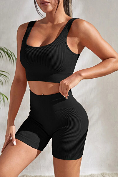 ENTELIA Kadın Siyah Kalın Askılı Yüksek Bel Şortlu Gecelik Takımı