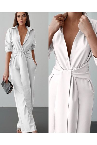 hipnoz butik Women's Shirt Collar Loose Leg Jumpsuit (Original Visual and Video Used)