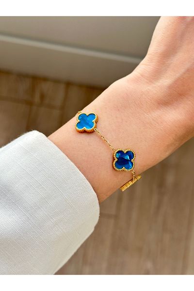YOUES JEWELRY 316L Steel Navy Blue Pearlescent Clover Bracelet Women Men Unisex Bracelet Gold Double Sided Bracelet