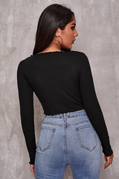 RUKOD Women's Black Long Sleeve Frosting Lace Detailed Crop Top Blouse