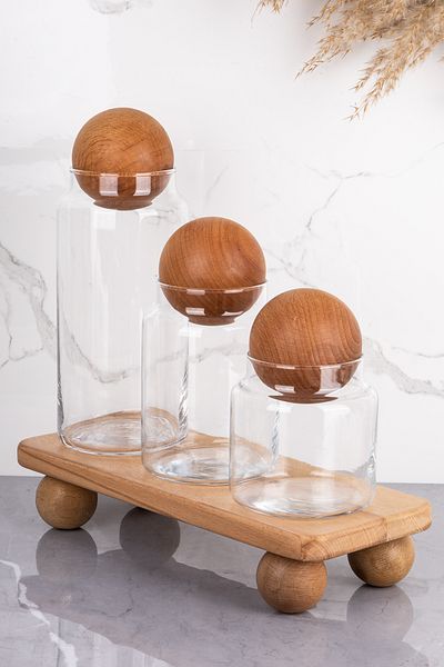 MODA OZY Set of 3 Wooden Ball Lid Glass Jars with Stand, Sugar Bowl, Snack Bowl, Spice Rack and Storage Container