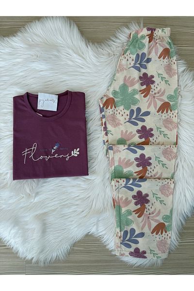 Pijamacs Plus Size Plum Floral Pattern Cotton Long Sleeve Knitted Pajamas Set