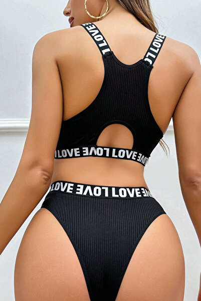 Genel Markalar Kadın Siyah Çapraz Sırt ve Love Lastik Detaylı Sütyen Külot Takım