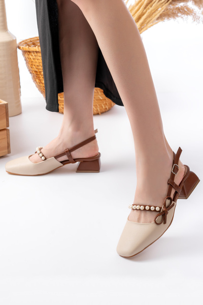 FOLLOWIN Women's Cream-Tan Open Back Square Toe Short Heel Bow Detailed Pearl Heeled Shoes