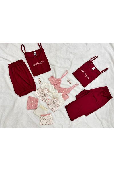 İNKO İÇ GİYİM 10 Multi-Colored Pajamas Kit Cotton Patterned Bra Thong Dowry Set