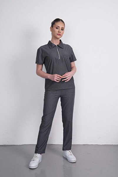 VİZYON UNIFORM Exclusive Lycra Kül Fermuarlı Takım Hemşire Forması, Cerrahi F...