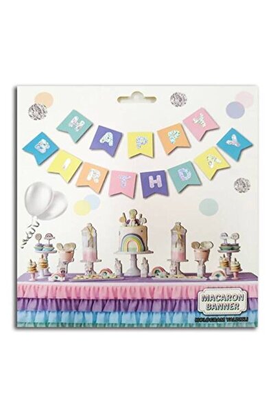 Baloncuk Makaron Gümüş Baskılı Happy Bırthday Yazı Unicorn