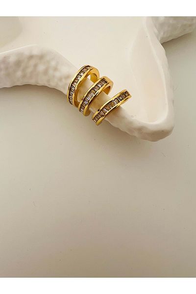 ACAR TAKI Gold Bagget - Stone Detailed, Triple Appearance, Frizz Kikirdak Kupe Acr2536