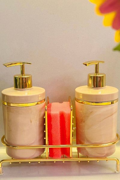Makri Set of 2 Liquid Soap Dispensers with Gold Color Detail, Sponge Holder and Stand