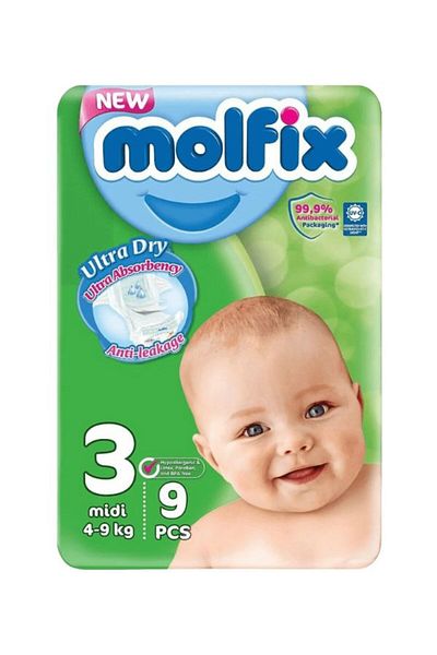Molfix Perfect Fit Size (3) Midi 4-9Kg - 9 Pcs in package - 10 pack (total 90 diapers)