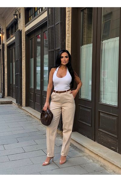 LB Laluna Butik Women's High Waist Double Leg Classic Carrot Pants
