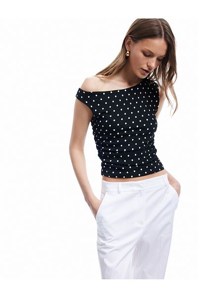 Koton Bluză cu buline, cu detaliu adunat, slim fit, cu decolteu asimetric