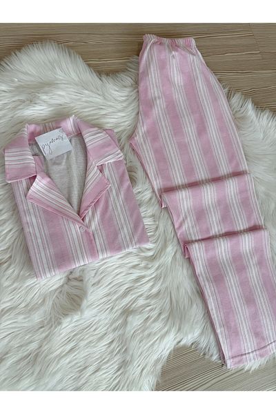 Pijamacs Pink Striped Patterned Cotton Short Sleeve Shirt Collar Pajama Set