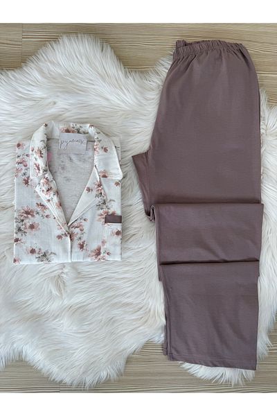 Pijamacs Plus Size Mink Floral Print Shirt Collar Knitted Short Sleeve Pajamas Set