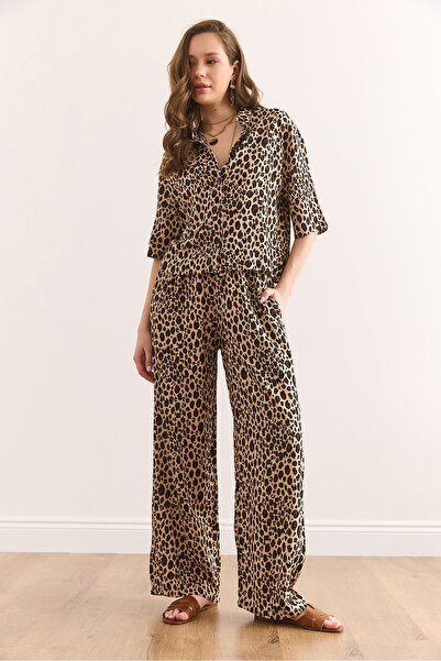 Olalook Women's Leopard Camel Top Shirt Bottom Pocket Pants Viscose Suit Tkm- 19000377