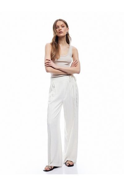 Koton Viscose Linen Blended Asymmetrical Wide Leg Trousers with Pockets and Tie Waist