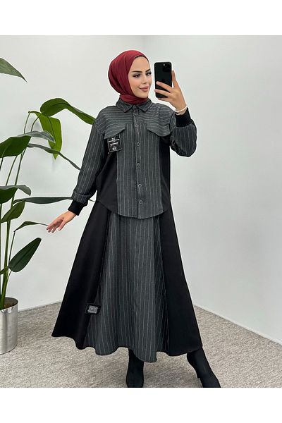 Puane Women's Stripe Transition Label Detailed Skirt Suit Anthracite 14258