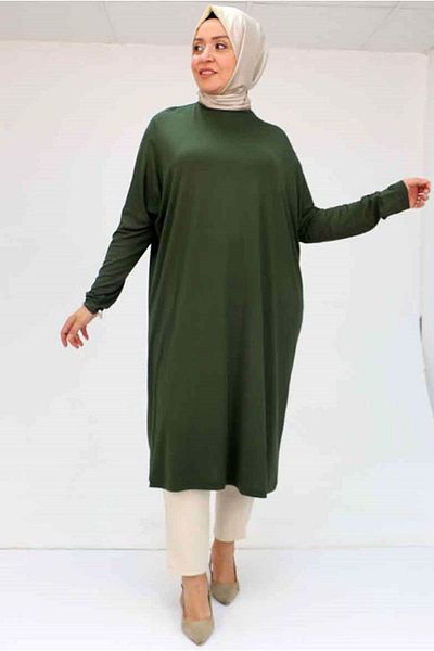 Moda Rosa 25Y28092 - Khaki - Large Size Low Sleeve Combed Cotton Tunic