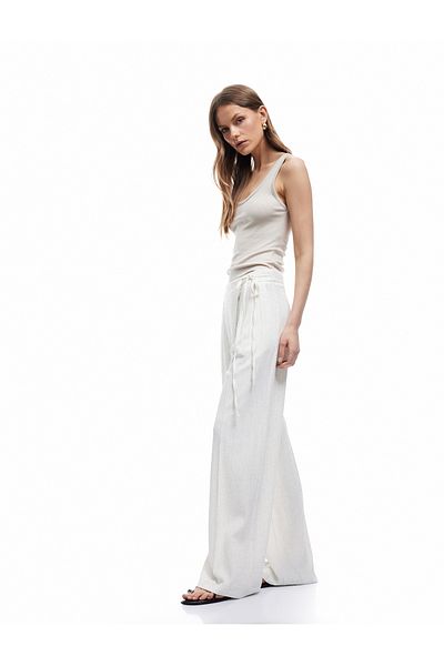 Koton Viscose Linen Blended Asymmetrical Wide Leg Trousers with Pockets and Tie Waist