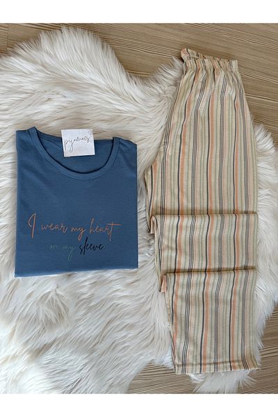Pijamacs Set de pijamale tricotate cu mânecă lungă din bumbac cu dungi albastre de mărime mare