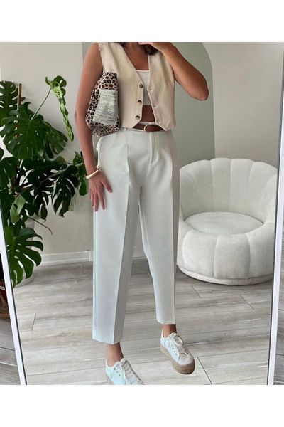 Heyya Women's Skinny Leg Pleated Belted White Fabric Trousers