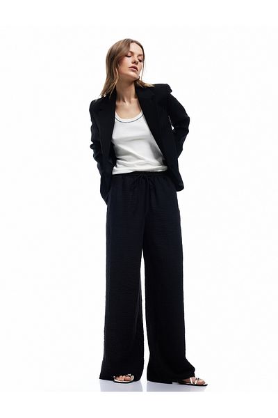 Koton Tie Waist Elastic Pocket Relaxed Cut Wide Leg Trousers