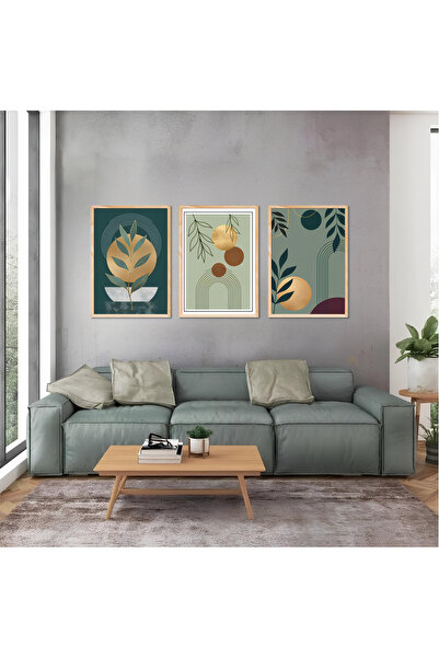 AlpiLeo Bohem Yeşilin Tonları UV Baskı 3'lü Tablo | Ahşap Tablo | Ev Ofis Sal...