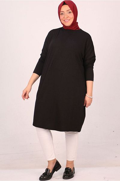 Moda Rosa 25Y28092 - Black - Large Size Low Sleeve Combed Cotton Tunic