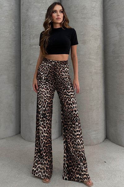 Lesa Wear High Waist and Wide Leg Leopard Print Jersey Pants - Lycra Flared