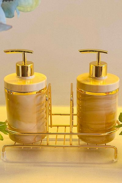 Makri Set of 2 Liquid Soap Dispensers with Gold Color Detail, Sponge Holder and Stand
