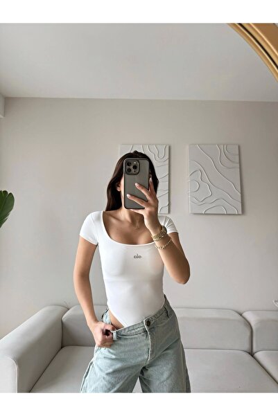 strivex Square Collar White Bodysuit with Snap Fasteners