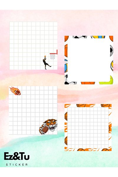 Ez&Tu Stıcker 4-Piece Patterned Cube Note with Sticker Gift Baseball, Football, Basketball Patterned Block Note