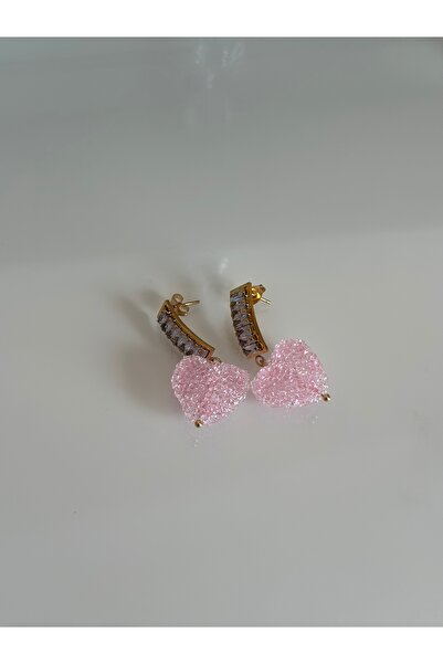 Maide Jewelry Çelik Pembe Kalpli Sallantılı Küpe Moda