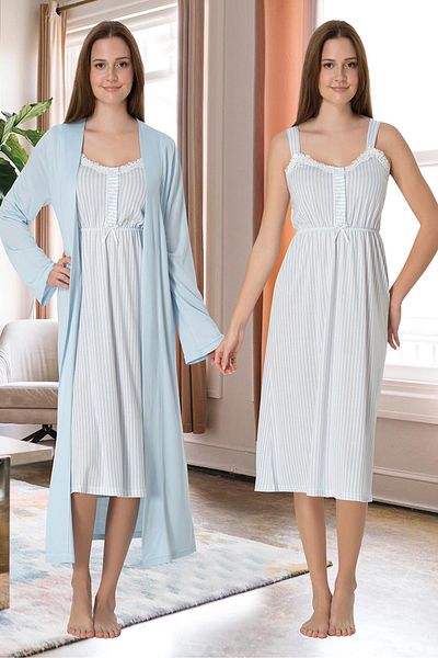 CT MODA Set de cămașă de noapte pentru femei, cu bretele albastre, cu dungi, cu design special, cu mâneci scurte, din bumbac de vară