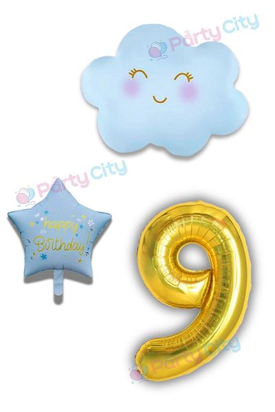 Party City Σετ χρυσό μίνι μπαλόνι με αριθμό 9 ετών-μπλε μπαλόνι με φύλλο σύννεφο-ευτυχισμένο μπαλόνι με αστέρι