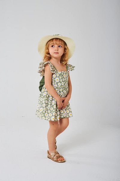 Bebeelkids Green Daisy Garden Dress & Hat Set