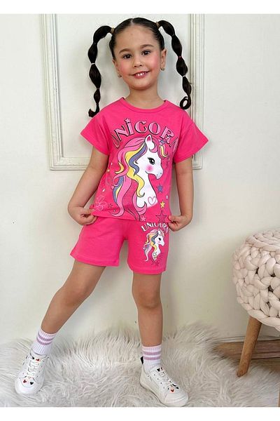 Yağmur Giyim Unicorn Patterned Fuchsia Shorts Girl's Short Sleeve Suit