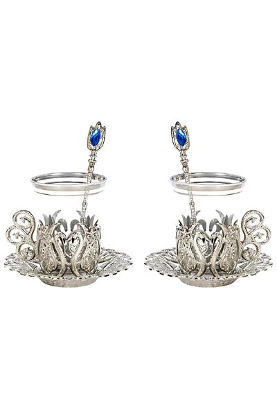 Yaren Style Double Ottoman Tulip Decorated Tea Cup with Teaspoon & Tray